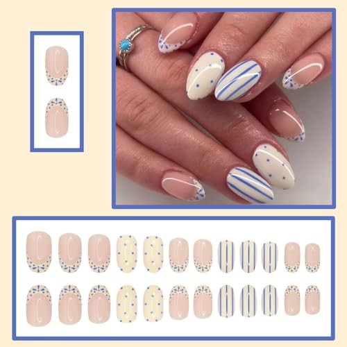 24 Pcs Blue French Tip Press on Nails – Short Oval Polka Dot Stripes