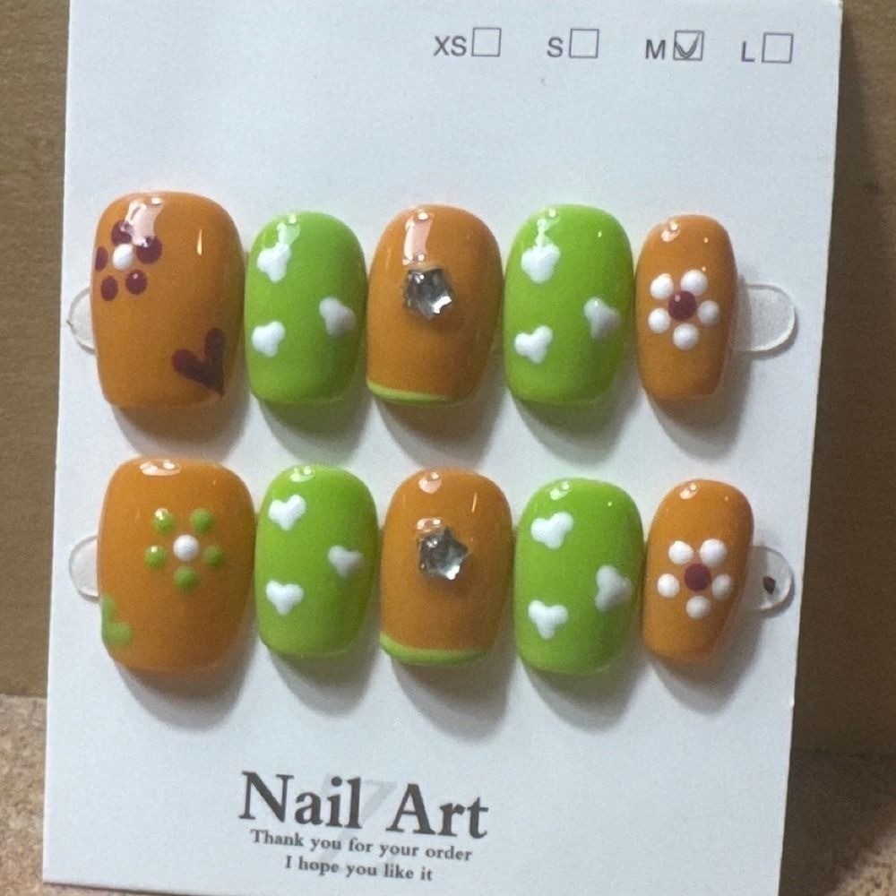Orange Lime Green Floral Heart Press On Nails Medium Glossy 3D Art 10pc