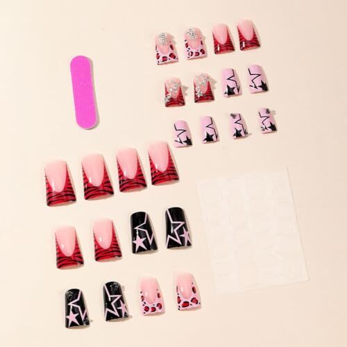 Medium Press on Nails Duck Silver Rhinestone Star Pearl French Tip Fake Nails