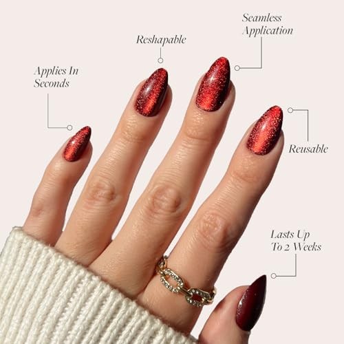 Press On Nails – | Deep Red Sparkly Short Almond Fake Nails with Ruby Slipper