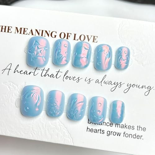 Summer Press on Nails – Short Square Fake Nails – Blue Chrome – Style 13
