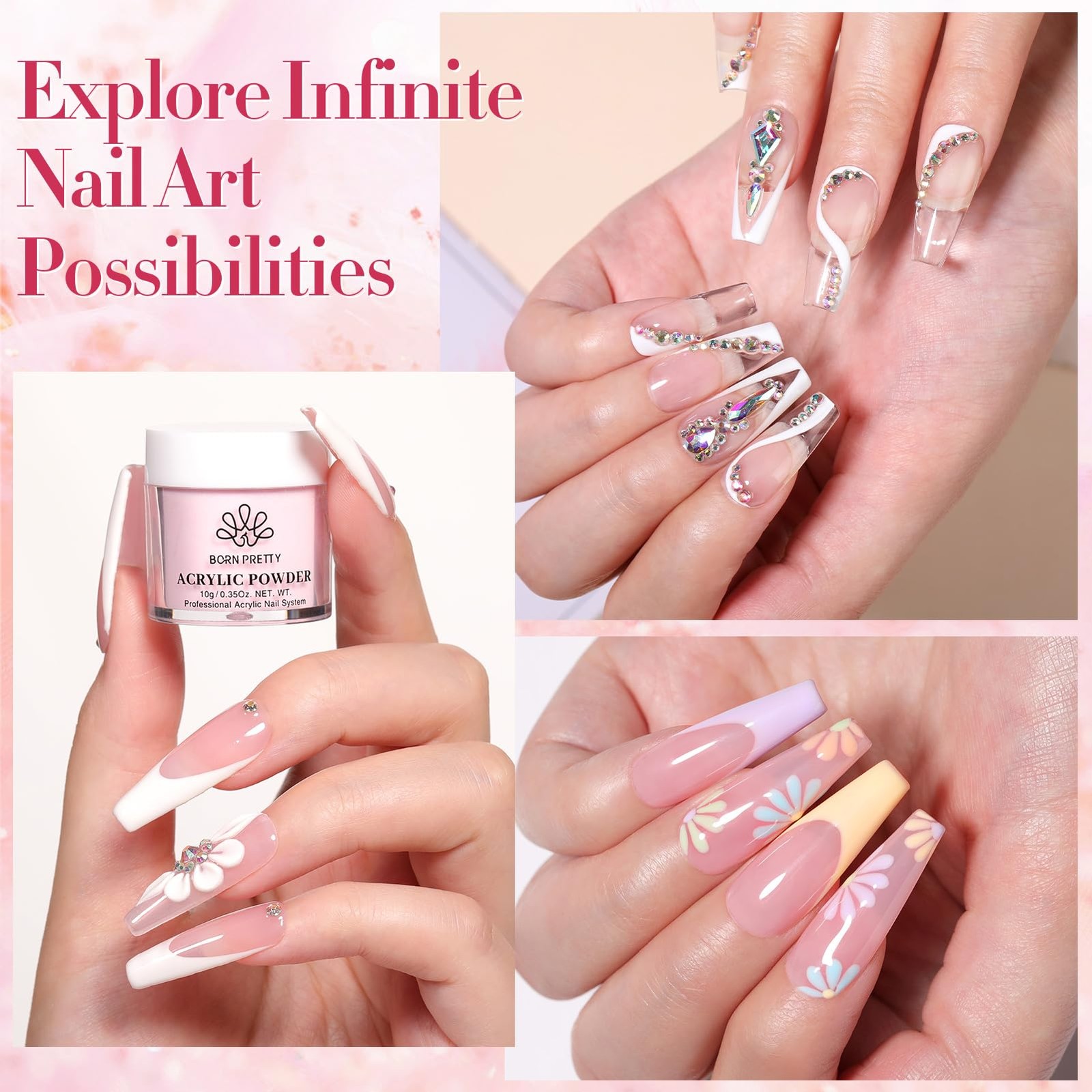 Born Pretty Acrylic Nail Powder Liquid Kit Clear White Pink