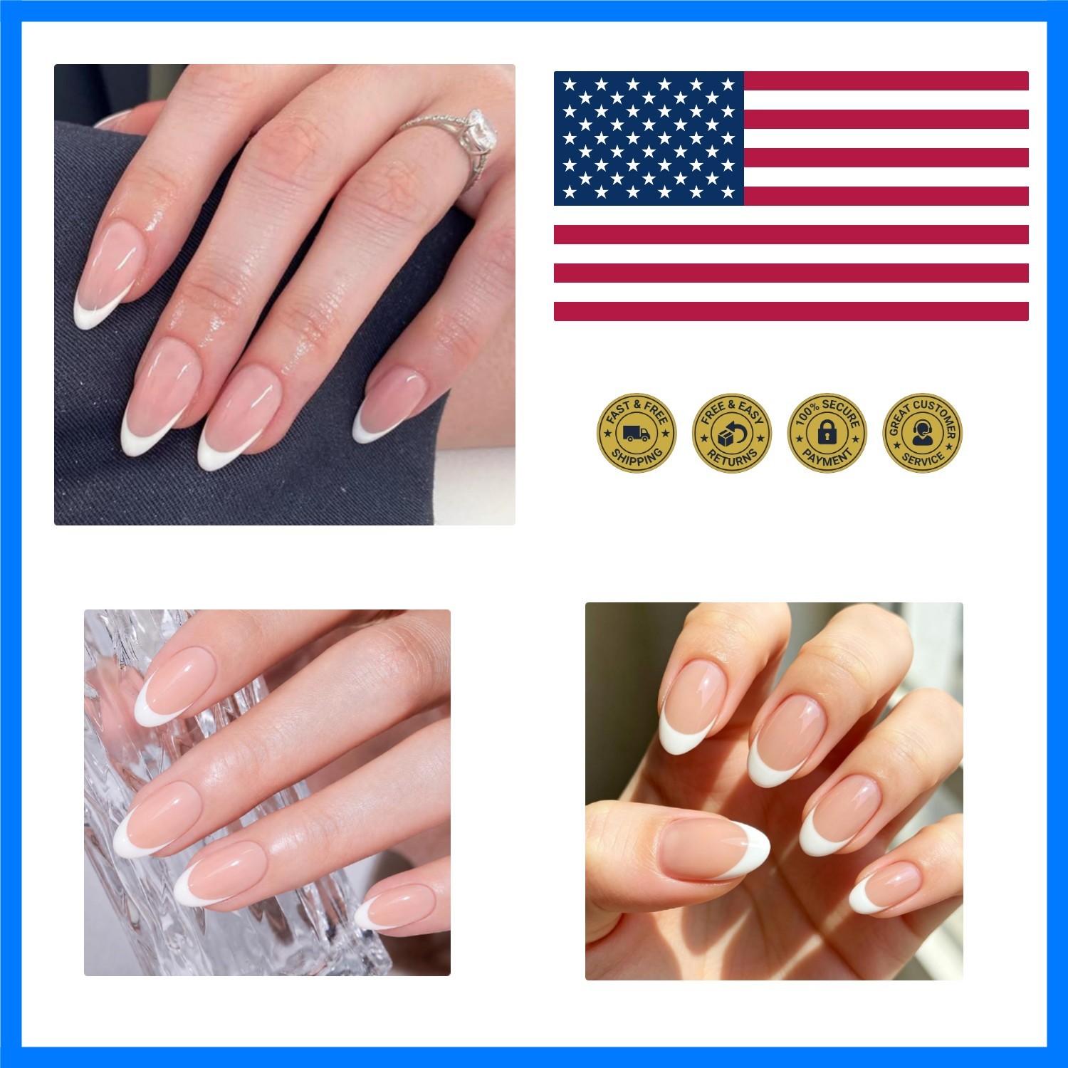 French Tip Press on Nails Short Almond, 32Pcs 16 Sizes Fake Nails | Nails Pre…