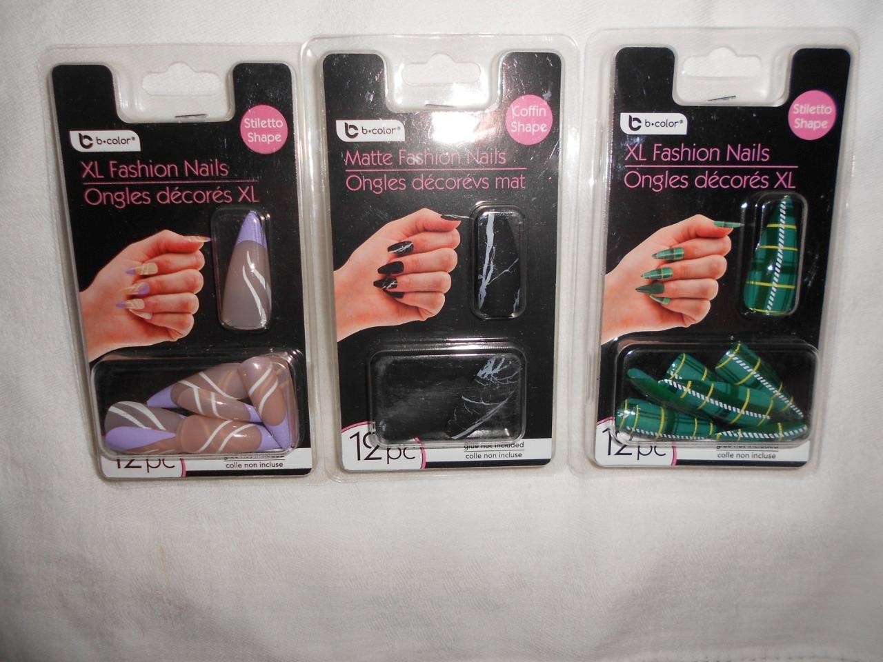 Lot 3 12pk B-Color XL Green Plaid, Purple Tip & Black Marble Fashion Nails NEW