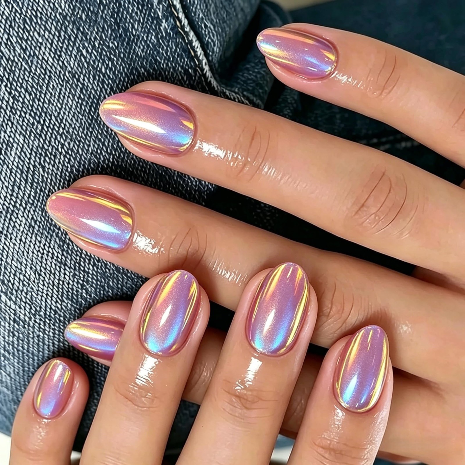 KQueenest Chrome Press On Nails Short Oval, 32 Pcs Glazed Hot Pink Fake Nails…