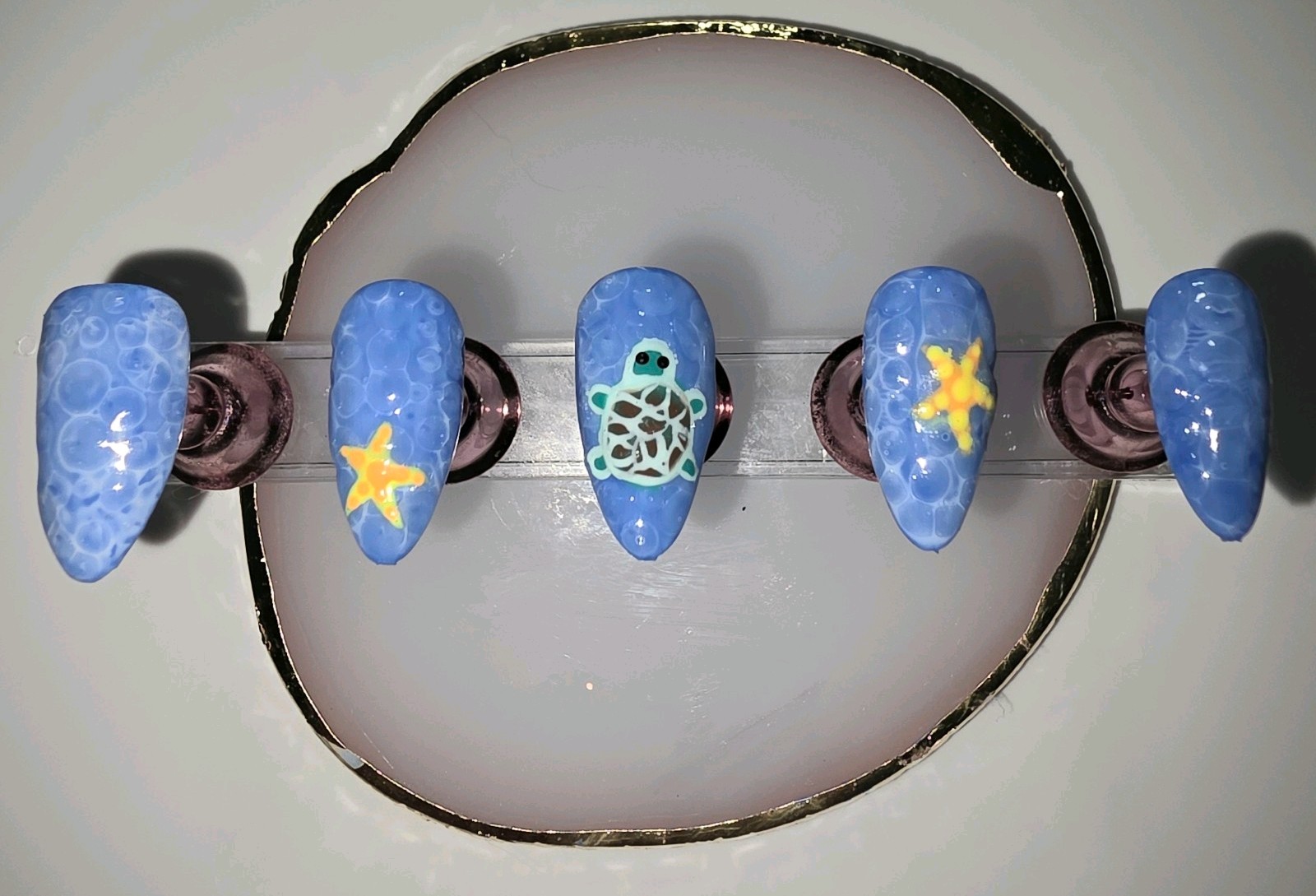 Maddi Nail Co. Blue Ocean Turtle & Starfish Almond Medium Full Cover Press-Ons
