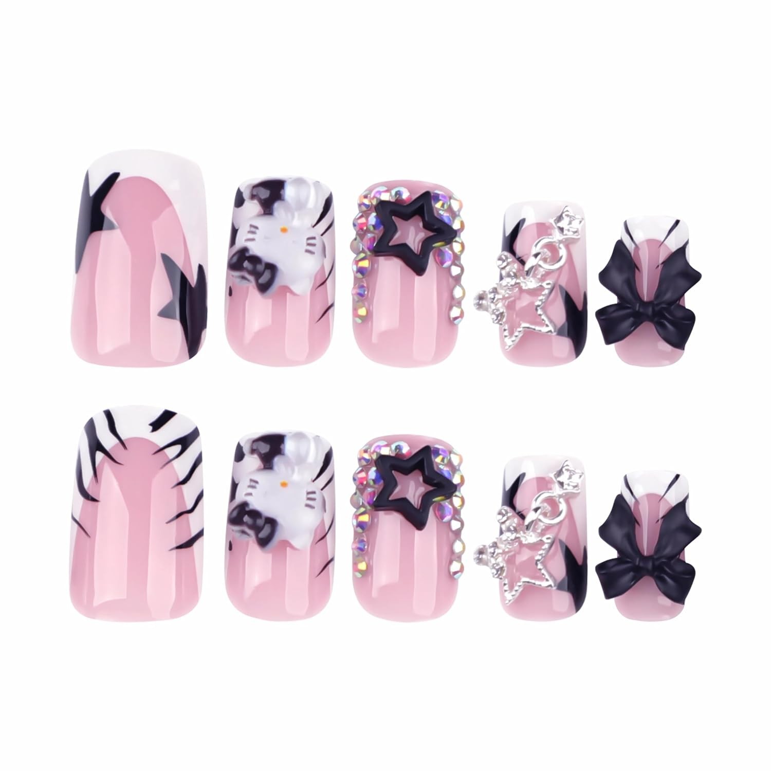 French Tip Press on Nails Short Square Fake Nails with Bow Charms Designs Bla…