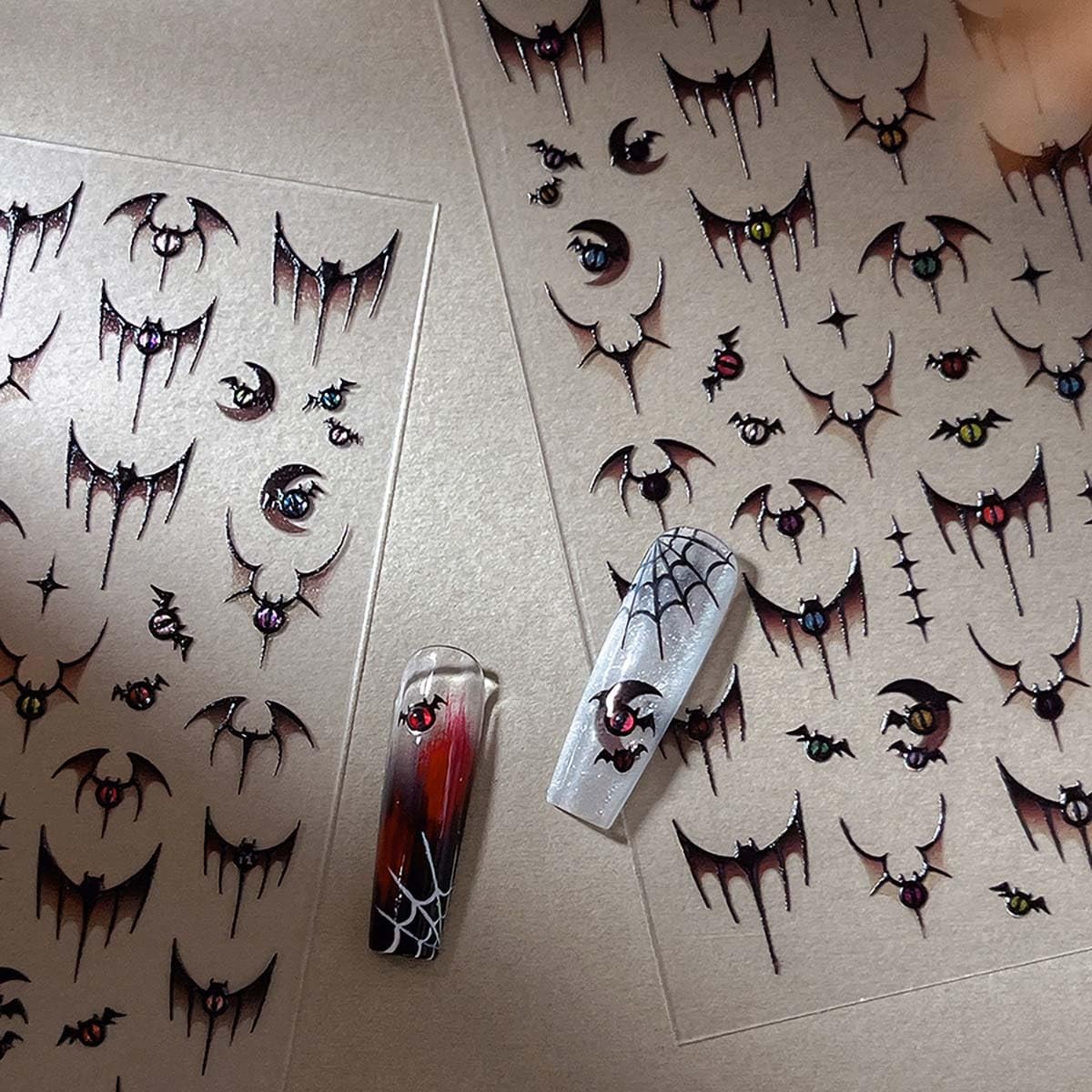 1 Sheet Halloween Nail Stickers 5D Bat Nail Decals Embossed Self-Adhesive Nai…
