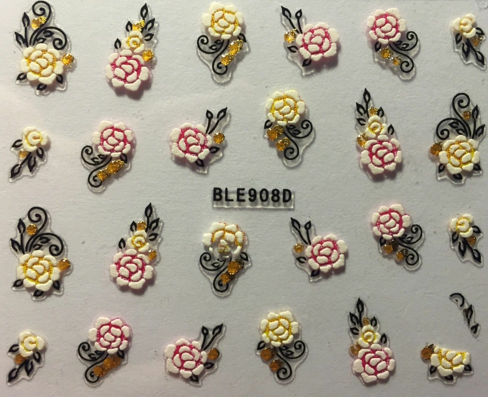 Nail Art 3D Decal Stickers Pretty Flowers White with Pink & Gold BLE908D