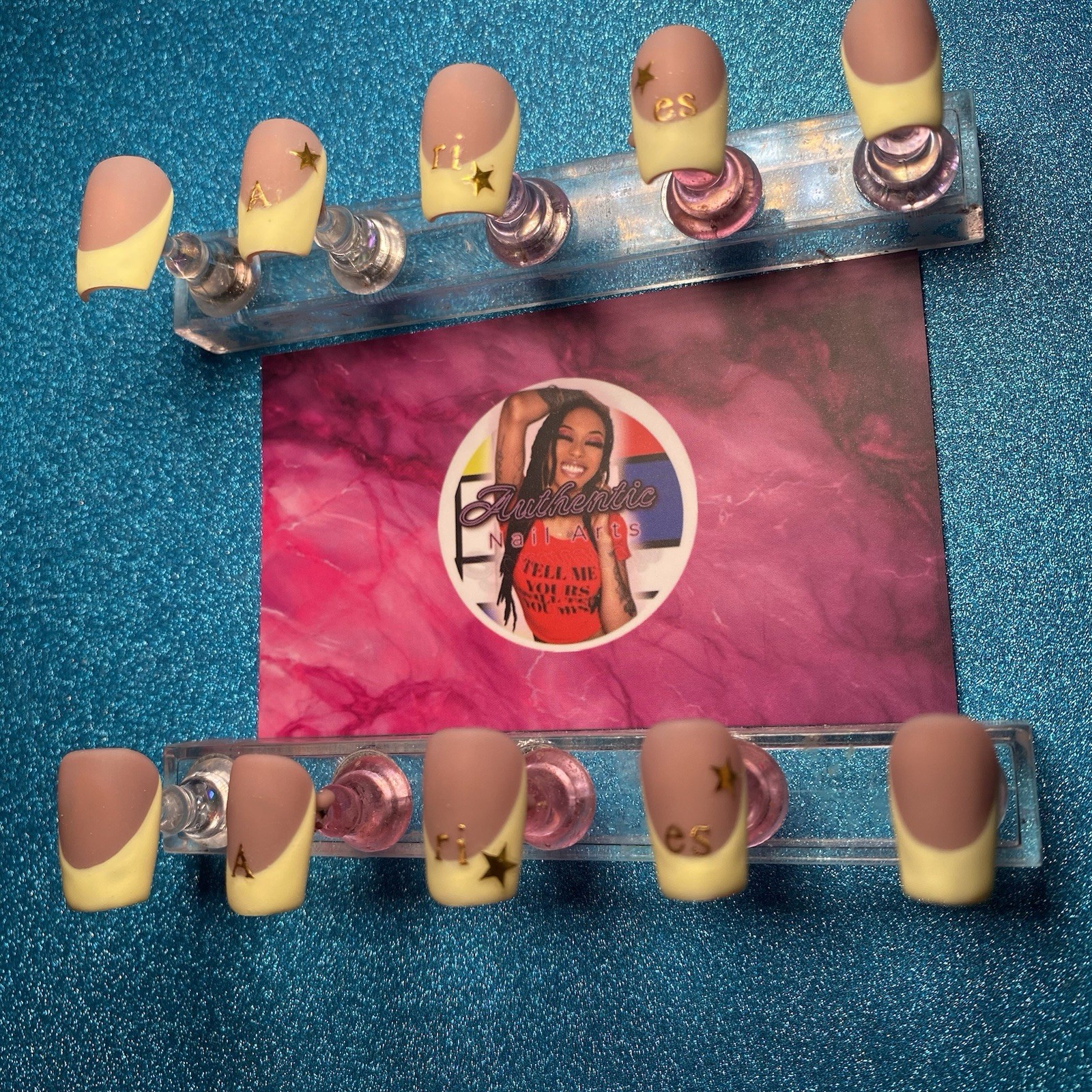 Authentic Nail Arts by Dia Square Press-On Nails Nude Yellow French 3D Zodiac
