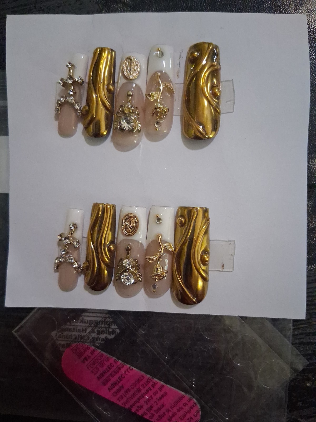 Size Medium Hand Crafted Faux nails Gold/rhinestone Long