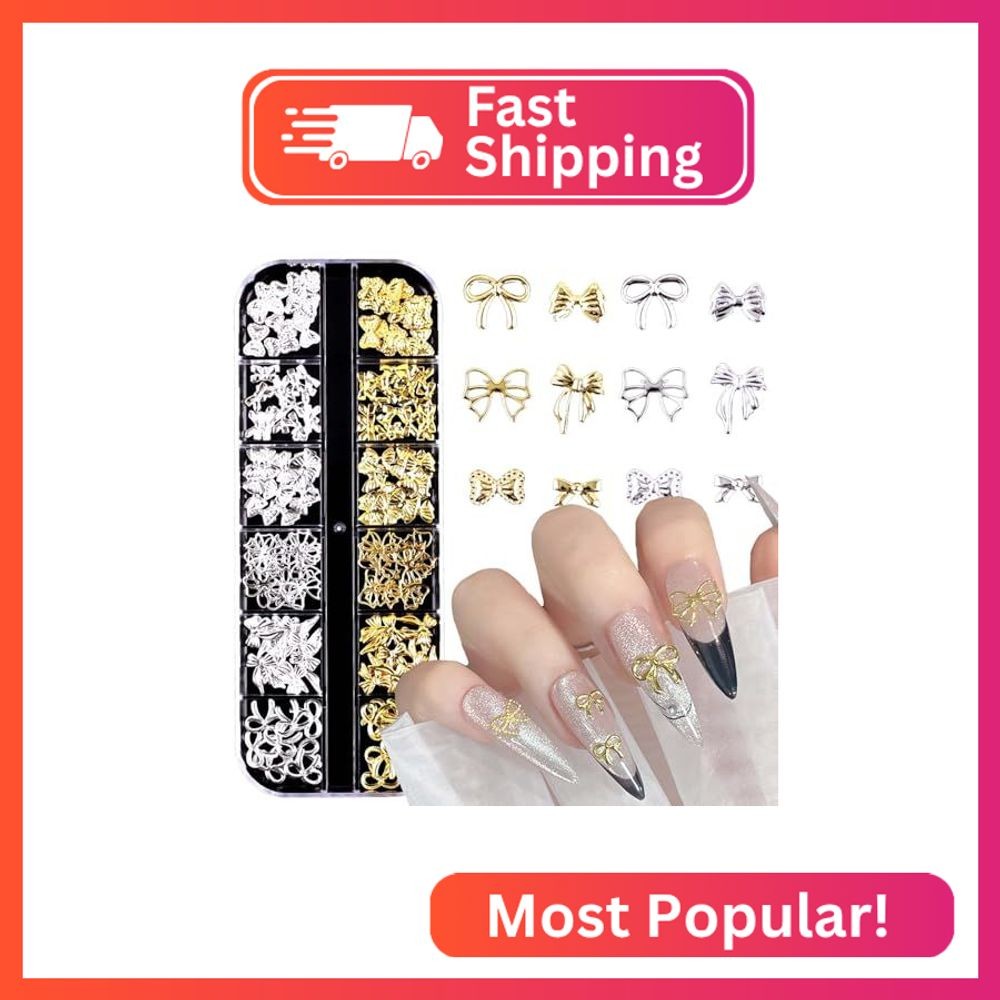 Mixed Gold Bow Nail Art Charms 3D Silver Rhinestones Design Nail Supplies Jewelr