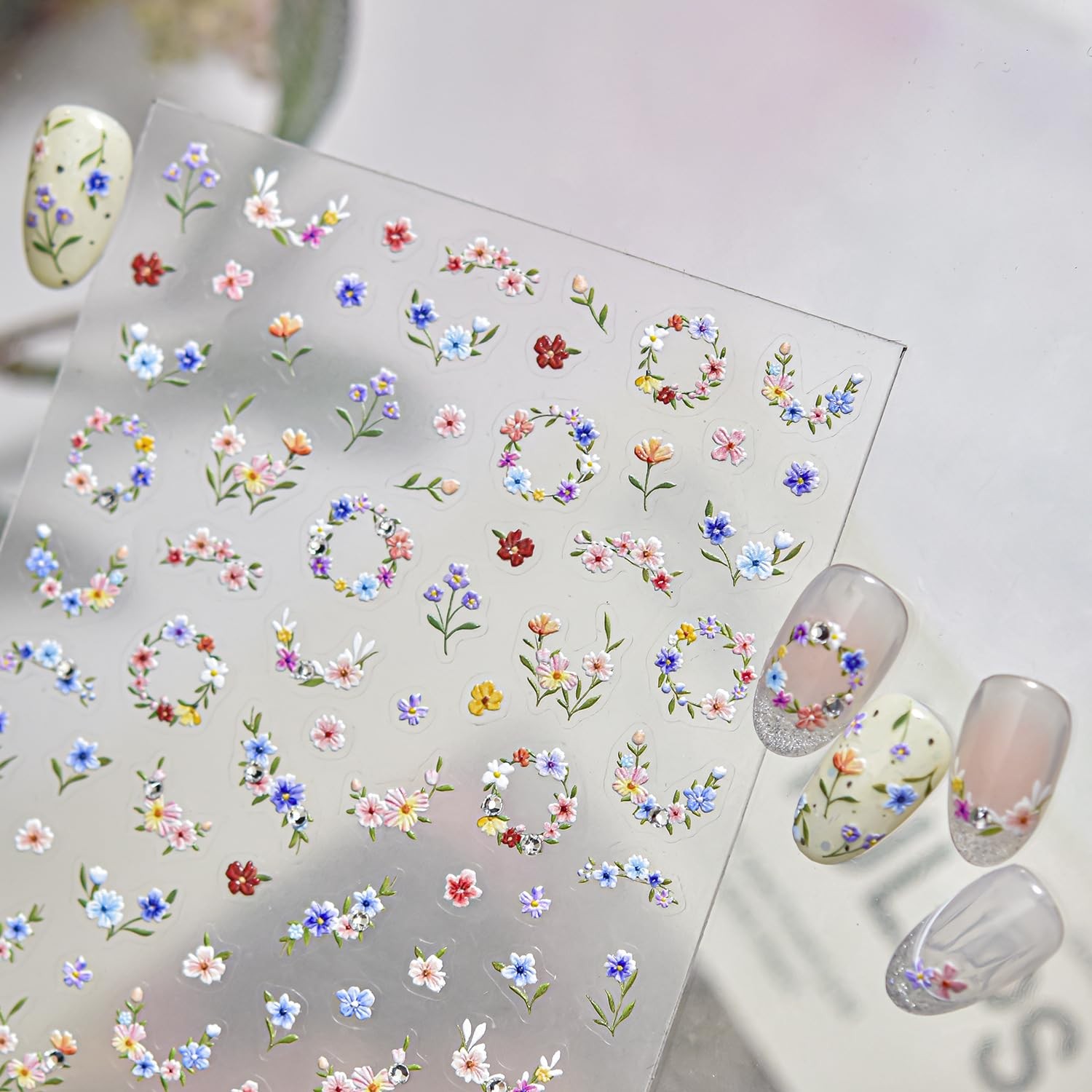 Flower Nail Stickers Pink Blue Nail Decals 1PCS -Adhesive Cute Floral Ring Na…