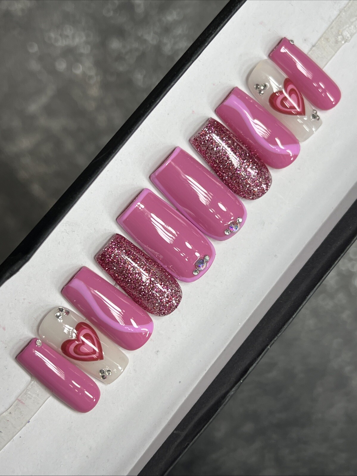 🤍 CUSTOM Hard Gel Press On Nails, Flower Pink Nude BLING 10p FULL SET W Kit