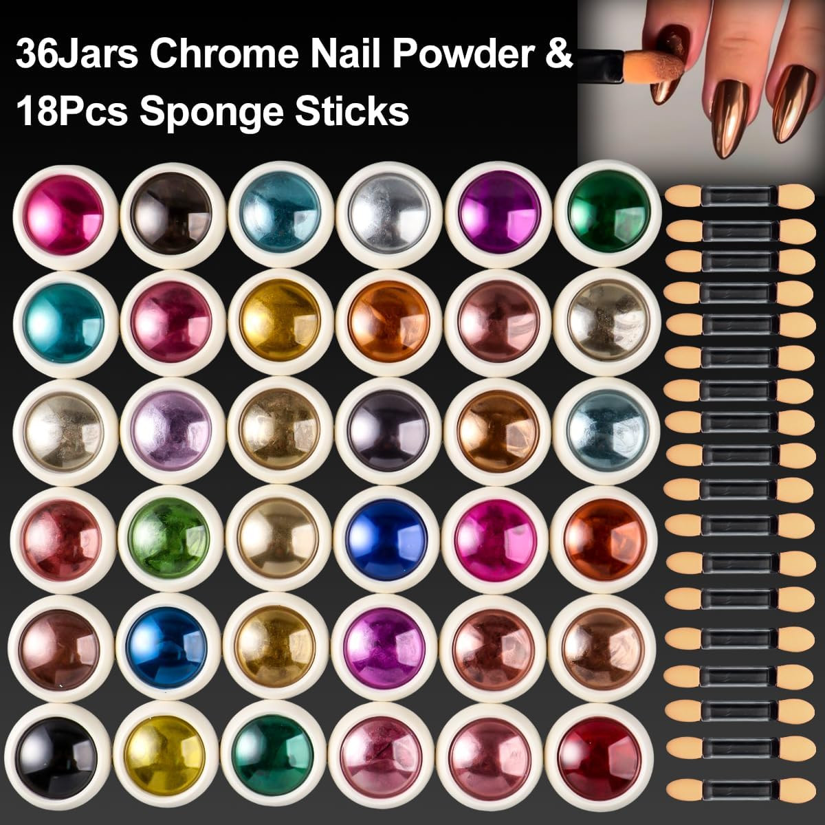 36 Jars Chrome Nail Powder Kit, Metallic Mirror Chrome Powder Pigment for Gel Na