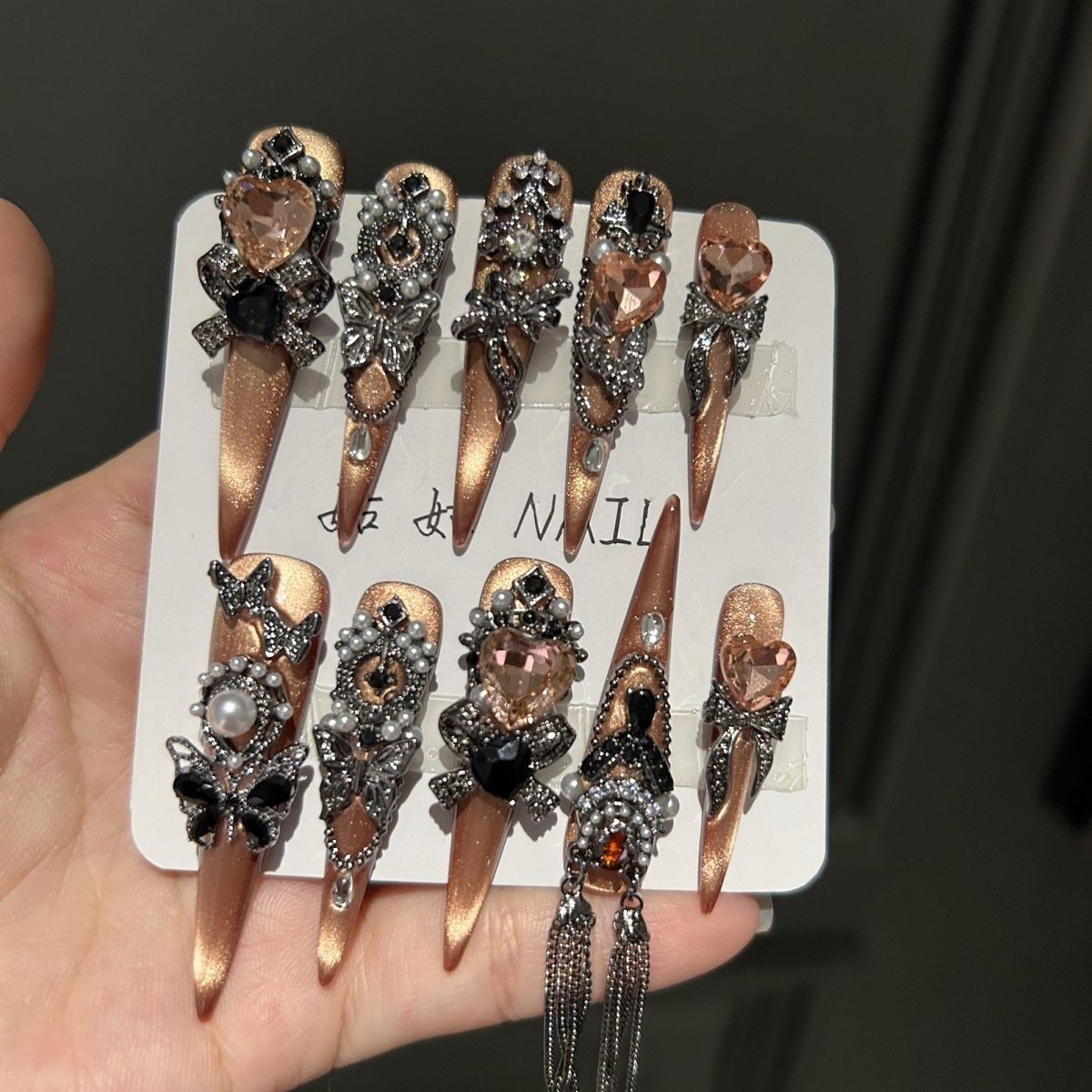 Dusk Handmade Cat Eye Rose Nails Shiny Dark Retro Luxury Design