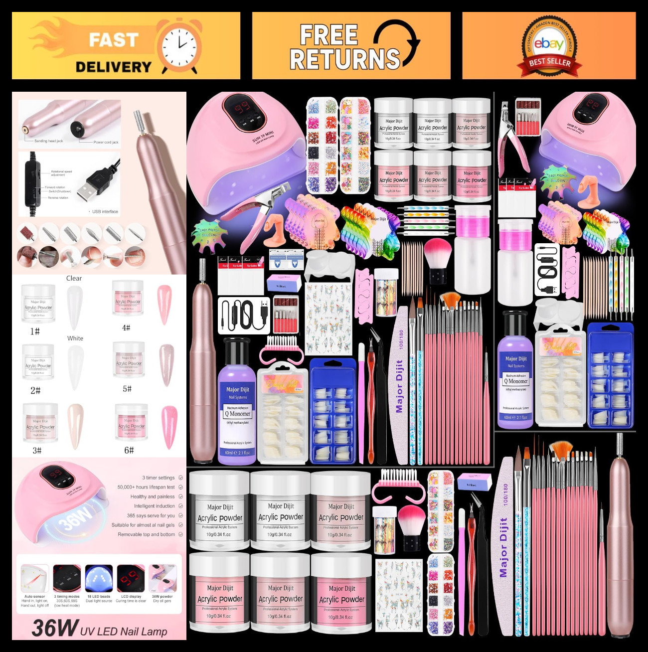 Acrylic Nail Kit for Beginners – Monomer, 6 Glitter Colors, UV Lamp & Supplies