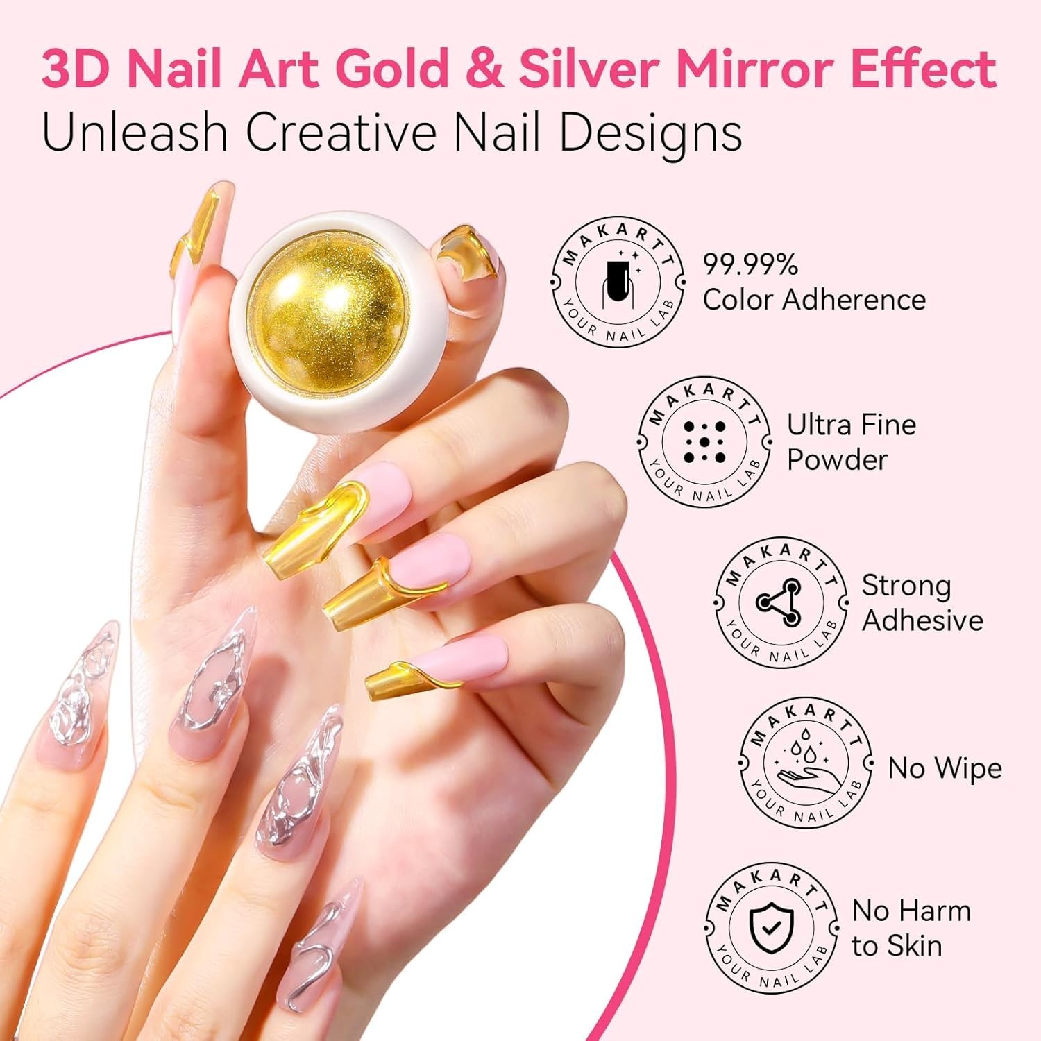 3D Nail Art Kit with Chrome Powder, Sculpting Gel & Eyeshadow Application Sticks