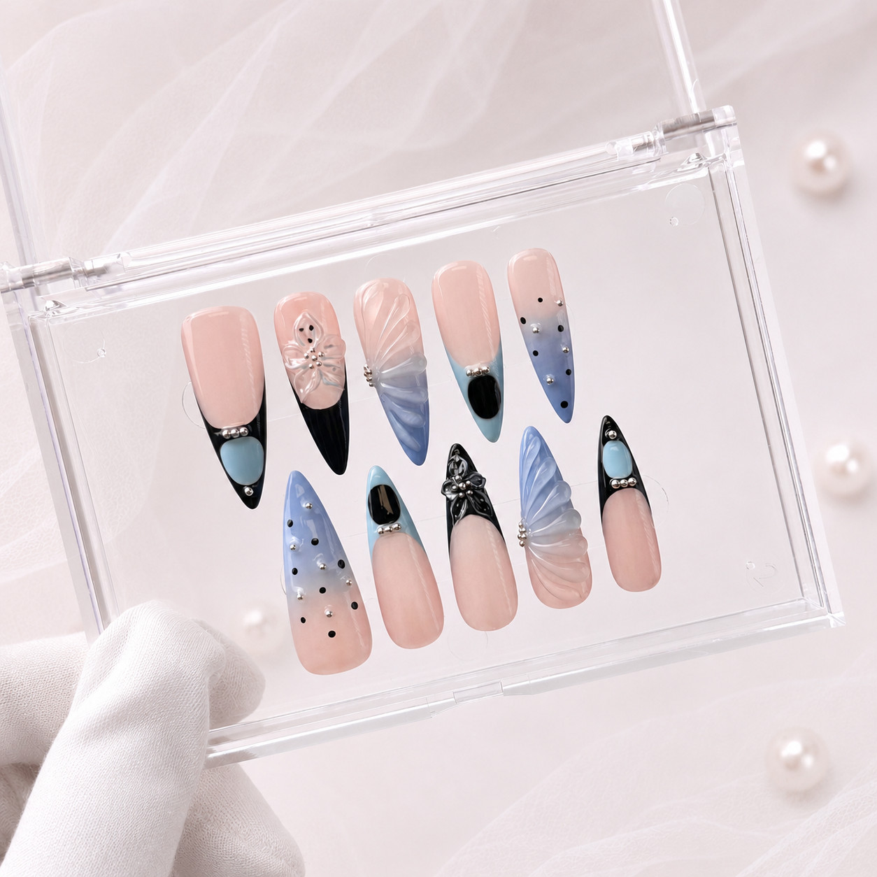 Long Stiletto Press On Nails Blue Black French Tip Butterfly Rhinestone Nail Set