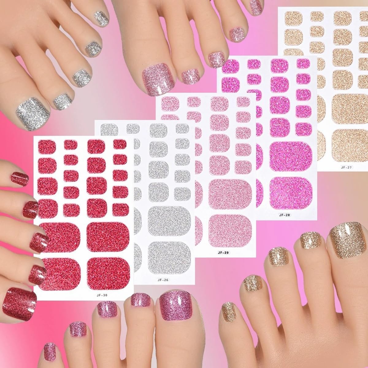 Pegatinas de uñas de gel para uñas completas, color plata, oro, rojo y rosa.