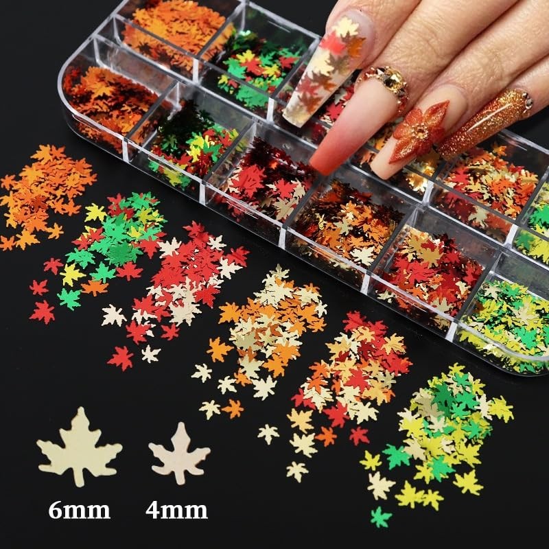 12 Grids Fall Nail Glitters 3D Gold Maple Leaf Nail Sequins with Autumn
