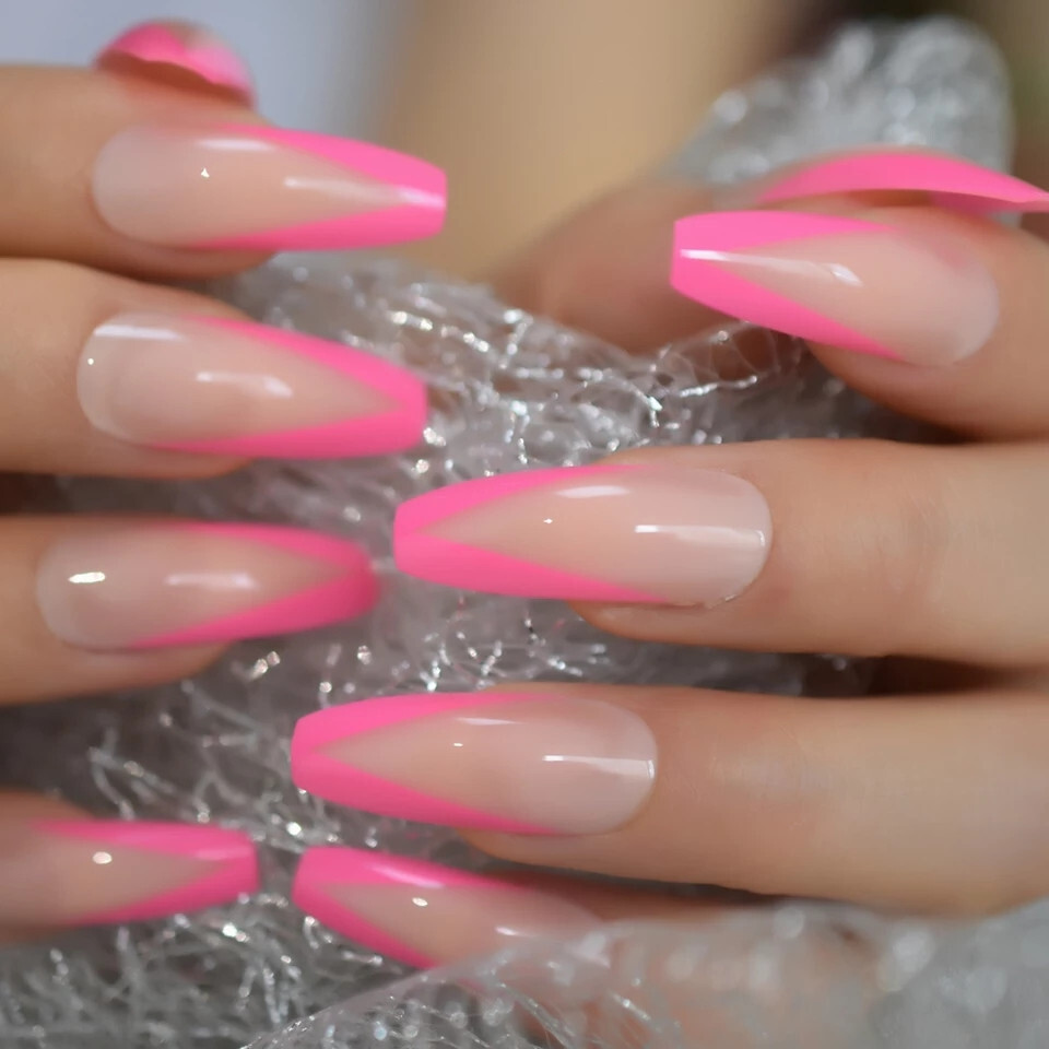 24 Press on Nails kit w Glue extra long Coffin nude hot pink neon