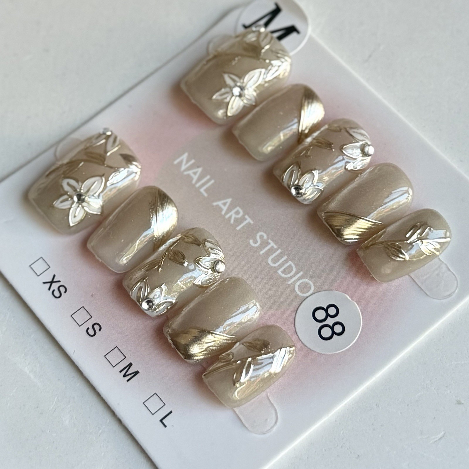 Handmade Pink Cloisonné Press-On Nails Short Square Size M Reusable Fake Nails