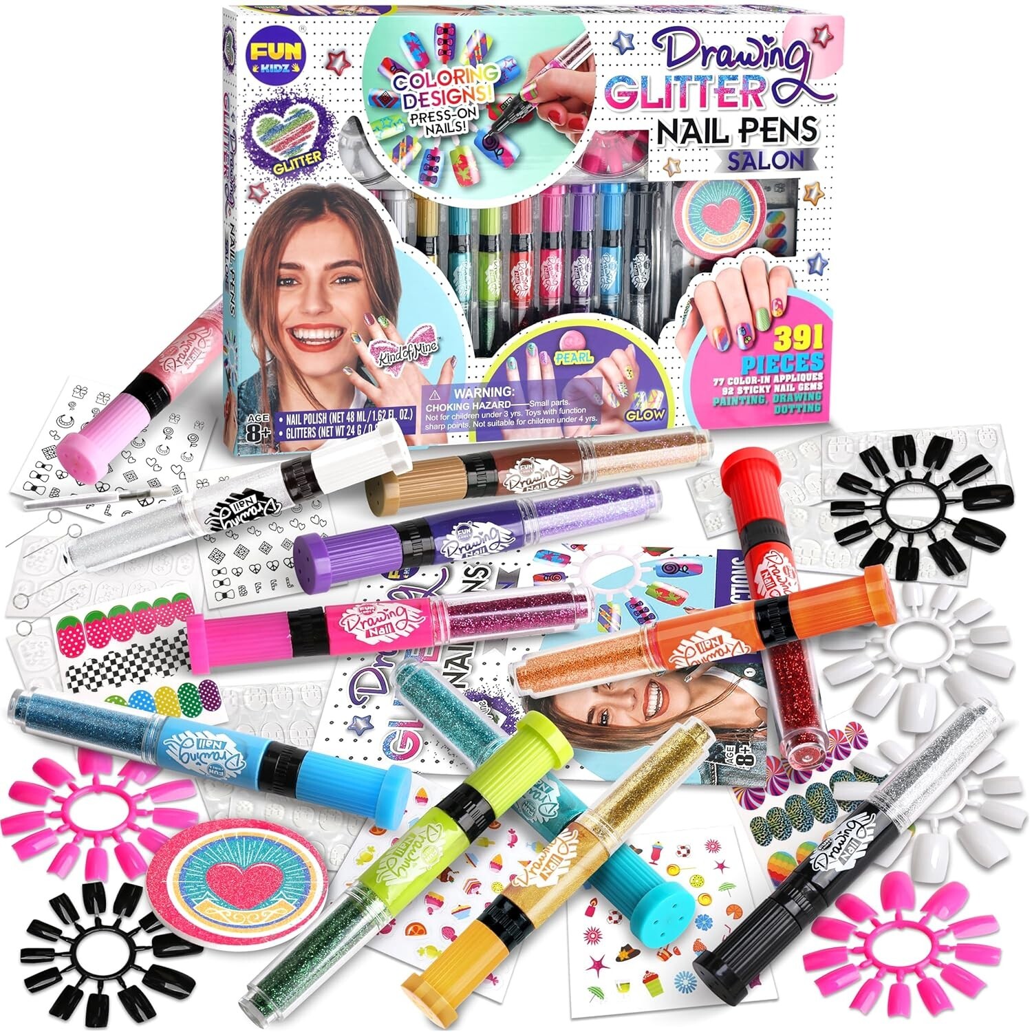 Girls 8-12 Nail Art Combo with 120 Fake Nails and Glitter Pens – Fun DIY Set