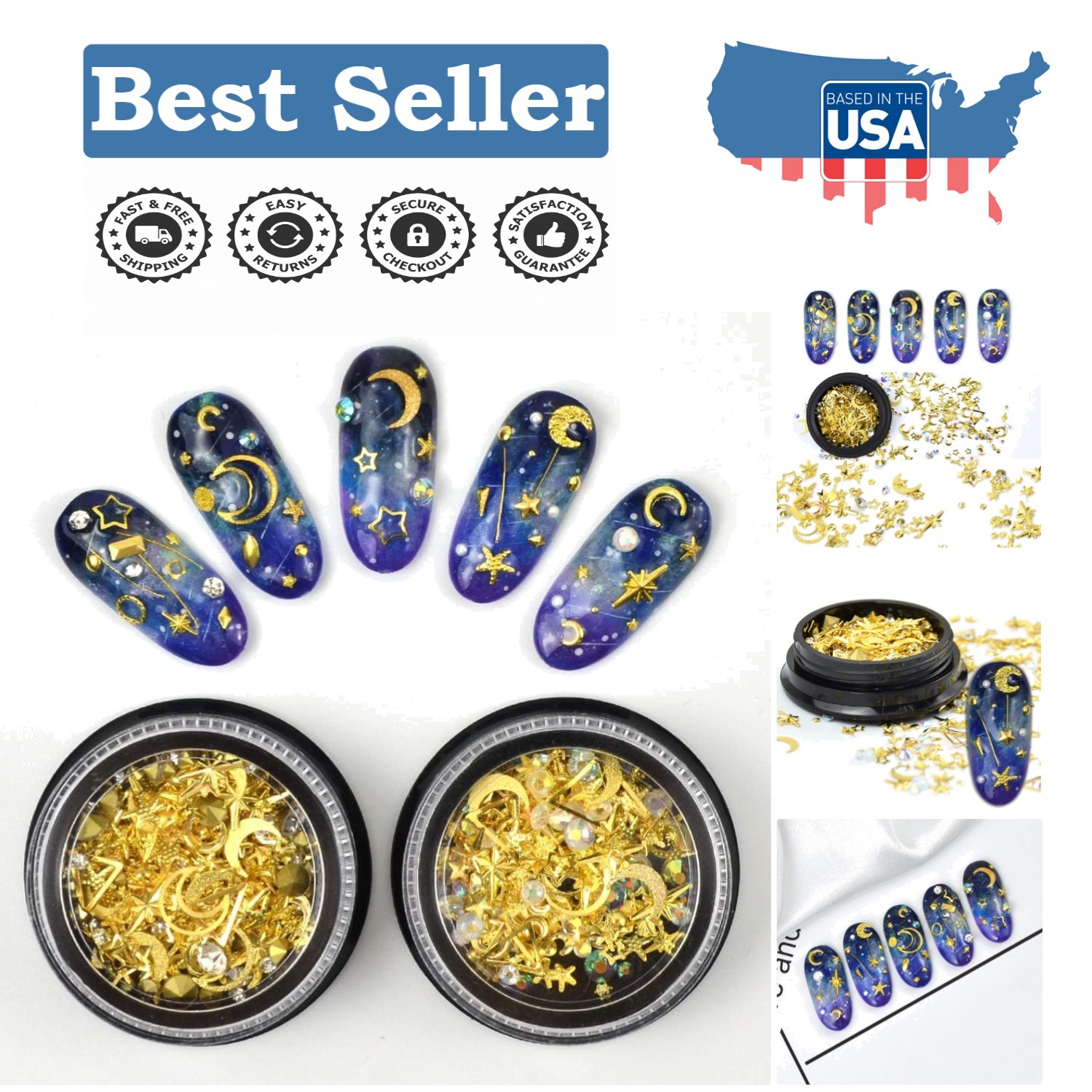 3D Gold Star & Moon Nail Charms – Sparkle Rhinestone Art for Valentine’s Day