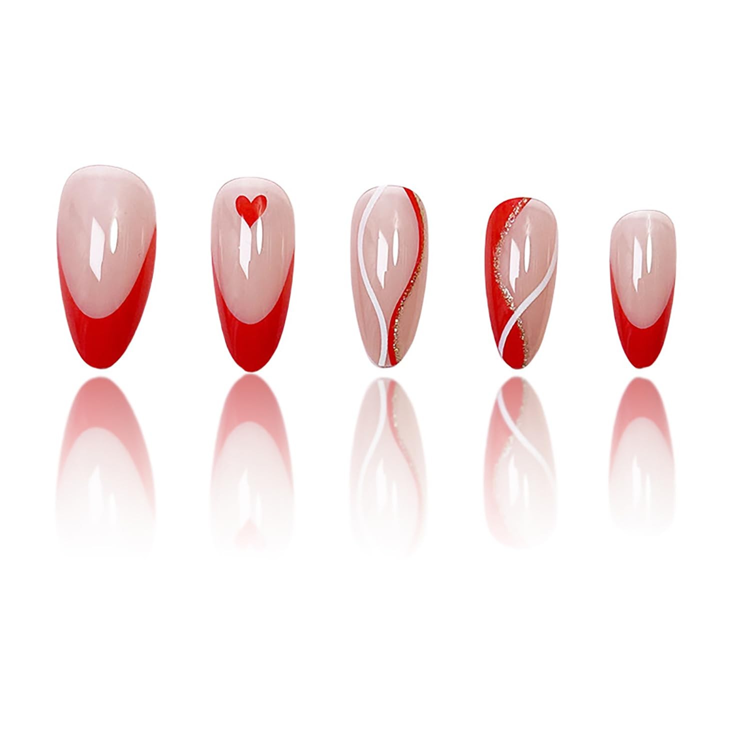 Red Love Heart Valentine’s Press on Nails Almond Medium Stripe Red French Fal…