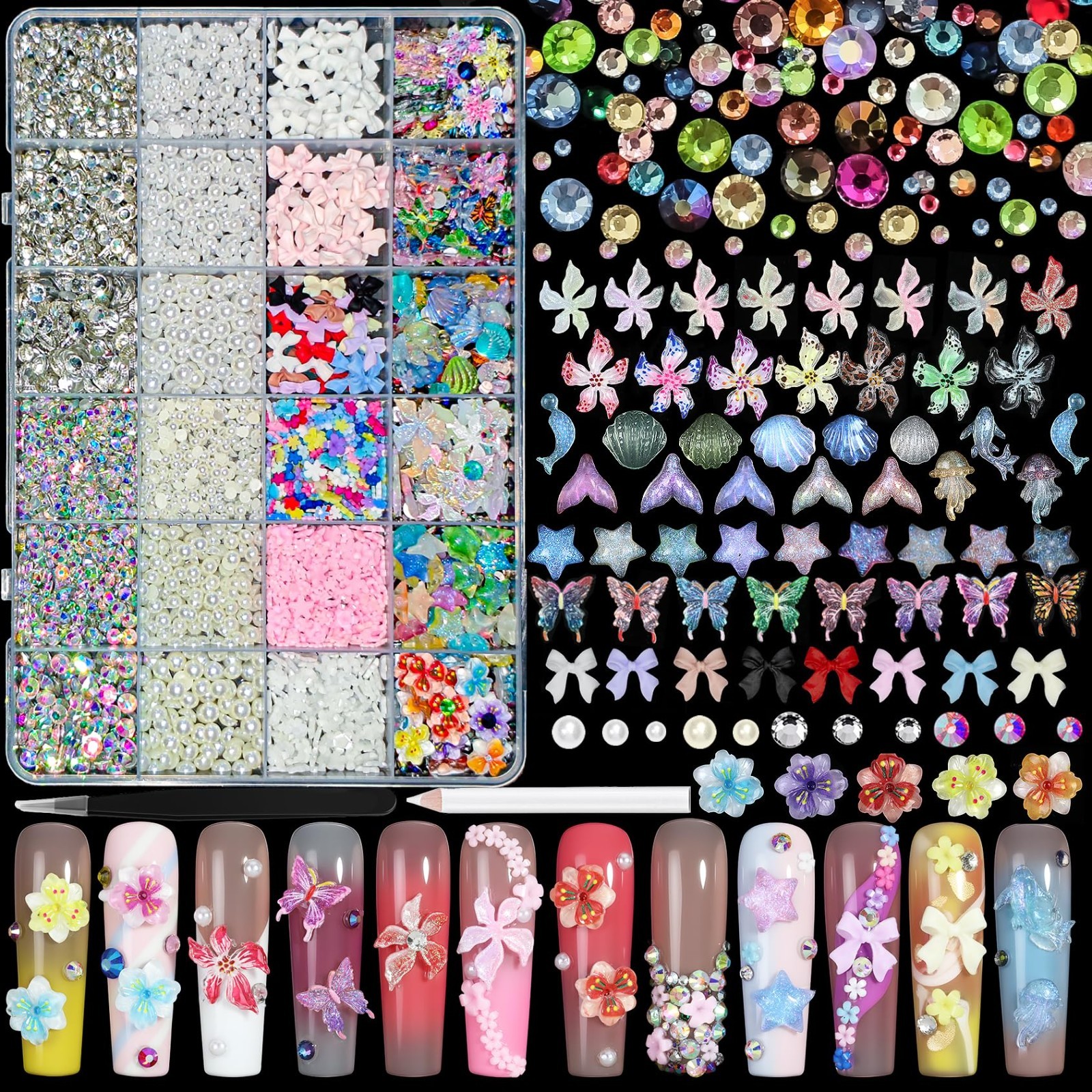 24 Grid Colorful Nail Charms – 3D Flowers, Butterflies, Ocean Stars, Rhinestones