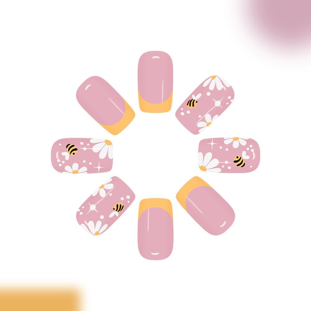 CEWEWP Yellow French Tip Press on Nails Short Square Fake Nails with White Fl…