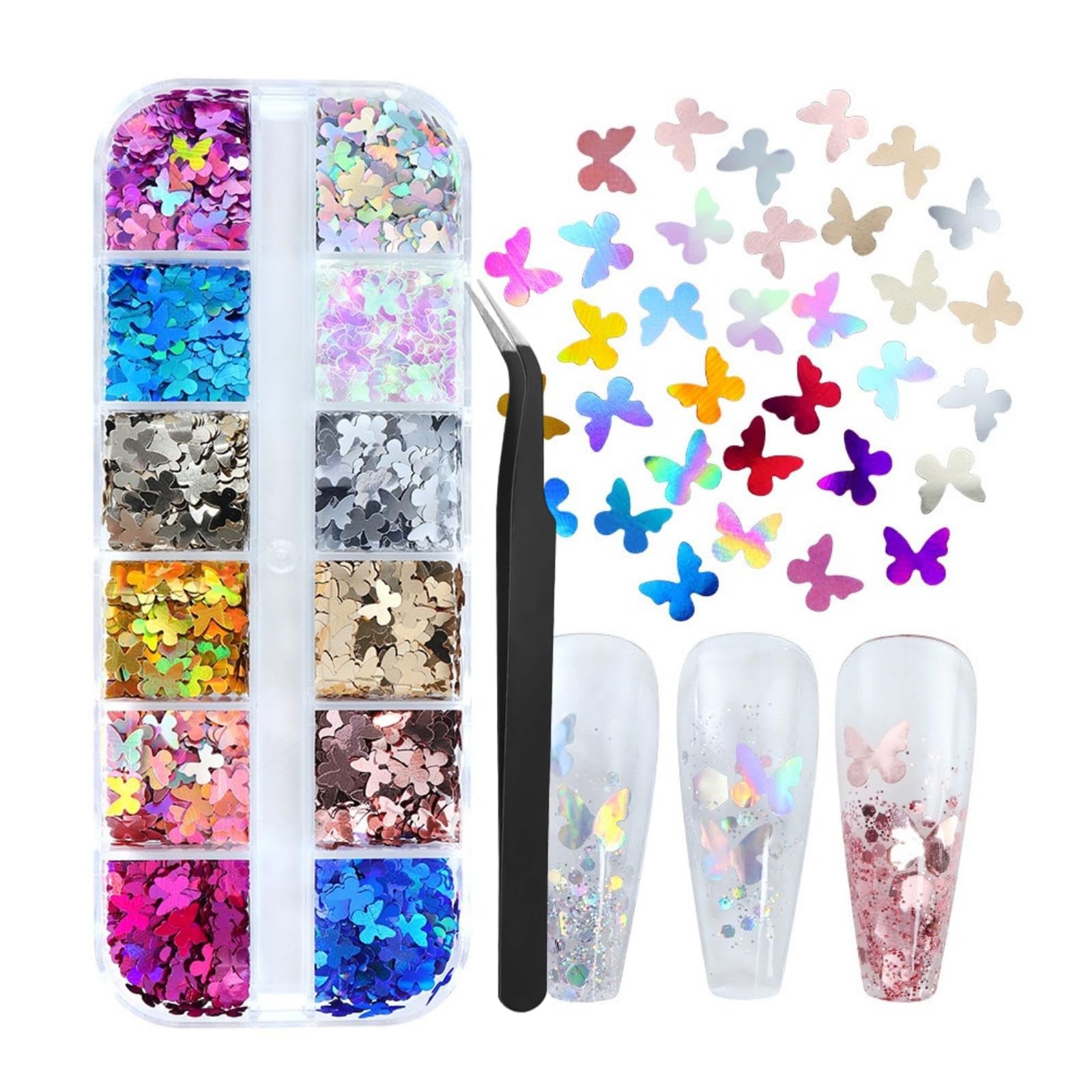 1 Box 12 Color Holographic Butterfly Nail Glitter Laser Silver Nail Sequins 3…