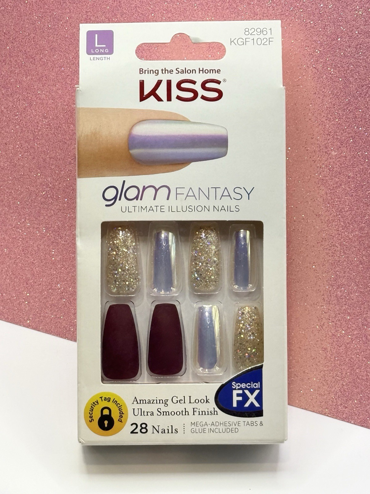 Kiss Glam Fantasy Press-On Manicure Nails Long Burgundy Holo Glitter 82961