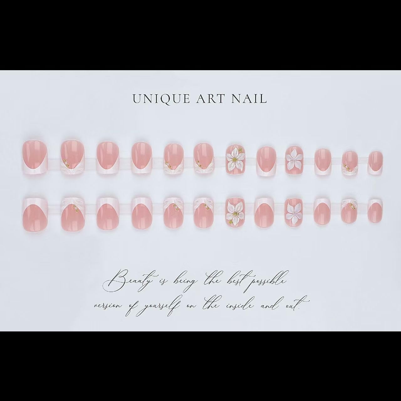 White Shell French Tip Press on Nails Medium Square Fake Nails with Pink Flow…
