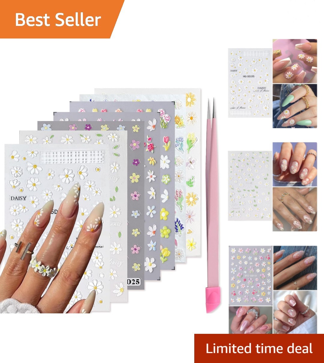 Personalized Nail Art Made Easy – 7 Sheets of Floral 3D Stickers with Tweezers