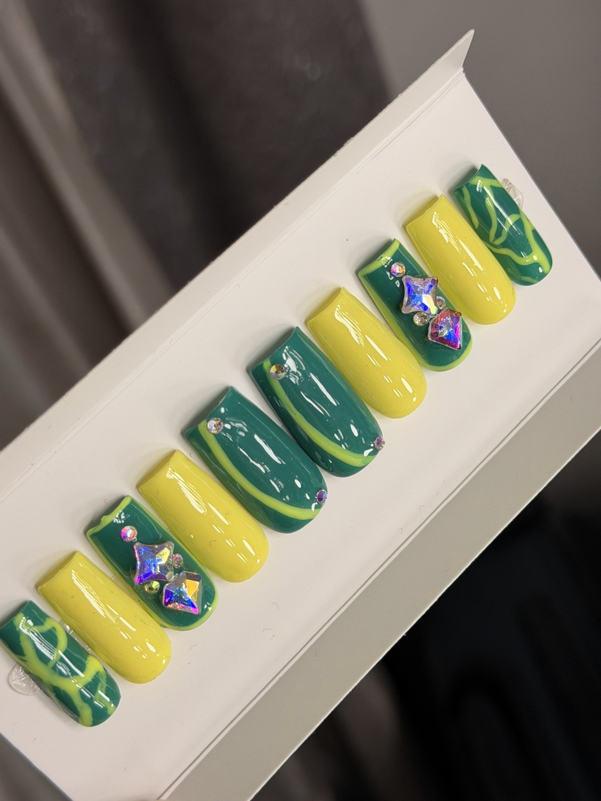 🤍 CUSTOM Hard Gel Press On Nails, GREEN YELLOW BLING 10p FULL SET W Kit