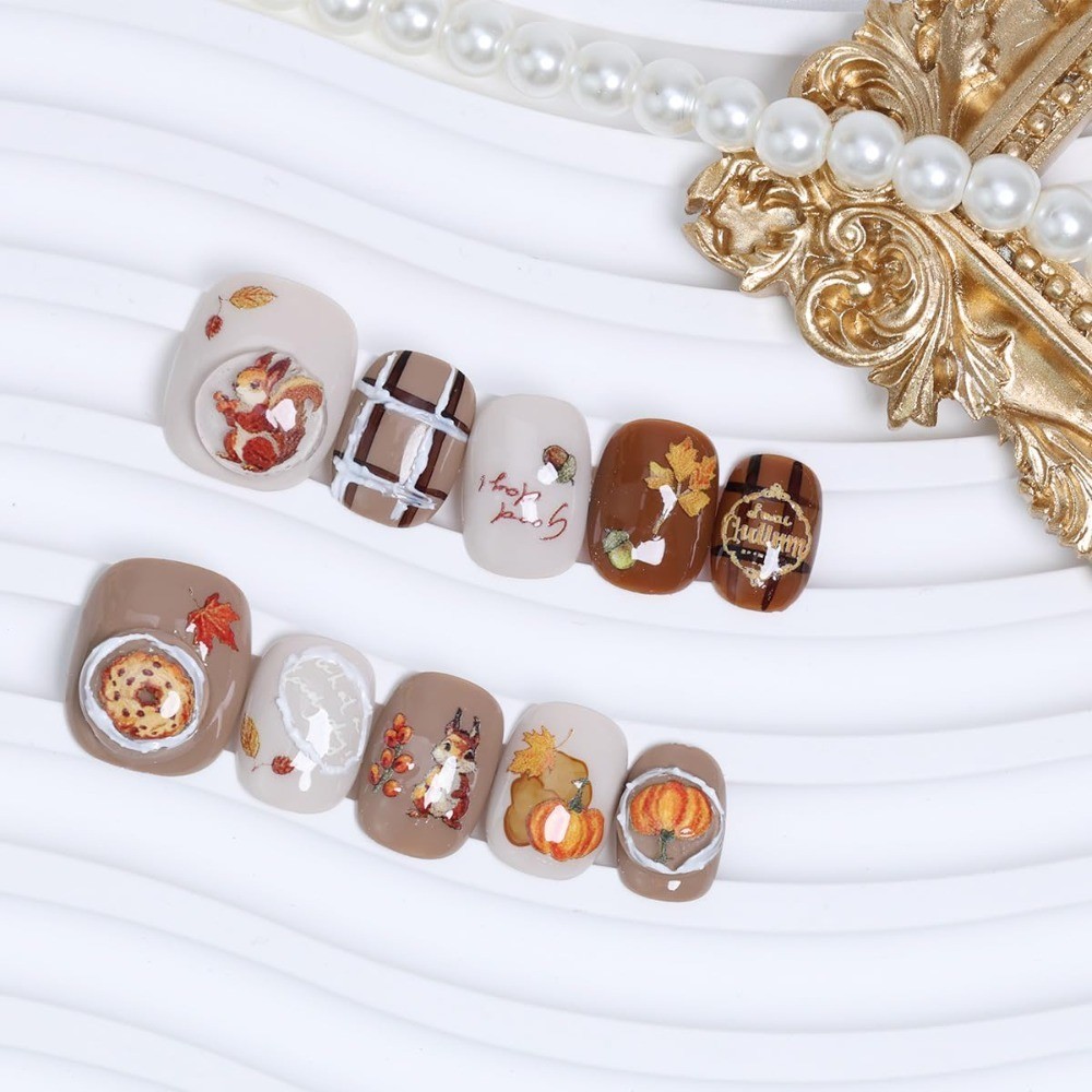 Thanksgiving Press on Nails Short 3D Maple Leaf Squirrel Pumpkin Design Fall