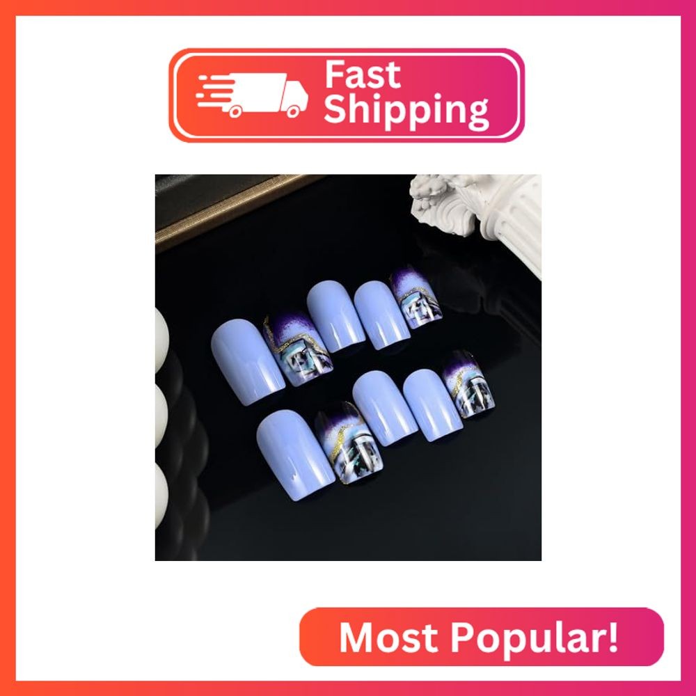 Dark Purple Gradient Press On Nails – Gold Curve Line, Marble Acrylic, Medium Sq
