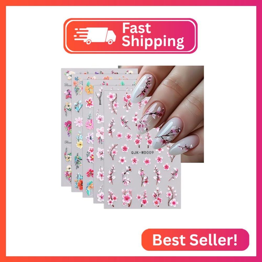 JMEOWIO 6 Sheets Flower Nail Art Stickers Decals Self-Adhesive Spring Summer Flo