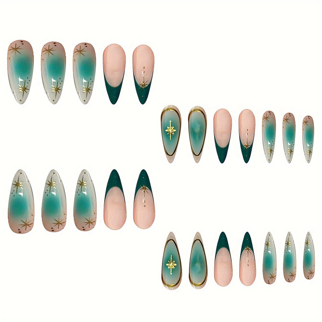 24pcs Gradient Green Starlight False Nail Almond Short Glitter Press On Nails