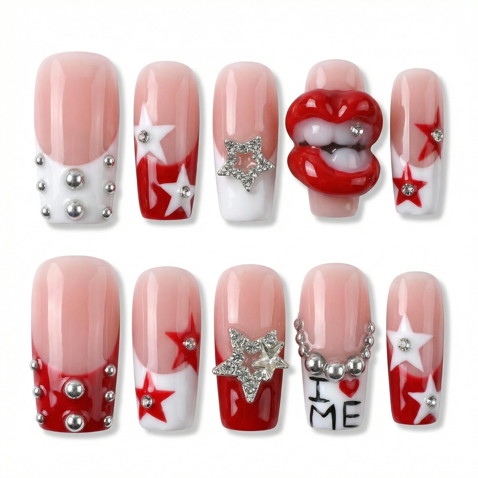 Medium Square Press-On Nails – Red White Stars & 3D Lips, Thick Acrylic, 10 Pcs