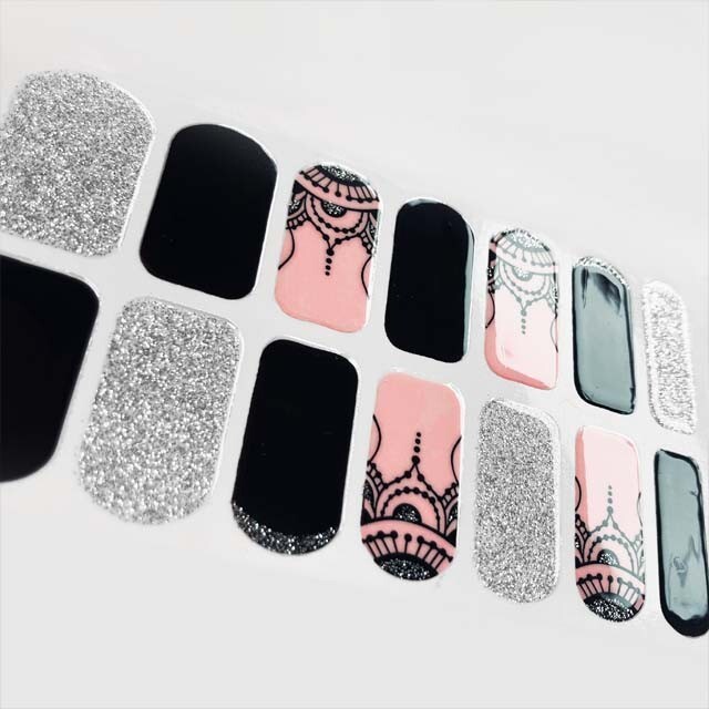 Pink Black Silver Medallion Nail Stickers, Mandala Nail Strips, DIY Home Mani