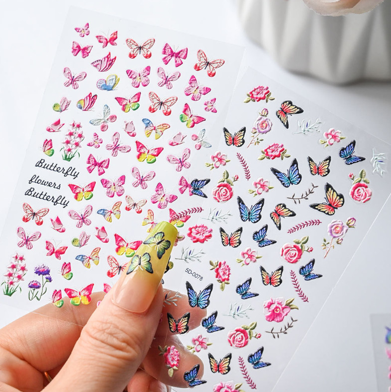 5D Embossed Nail Art Stickers Colorful Butterfly Flower Self Decal Decor NH26