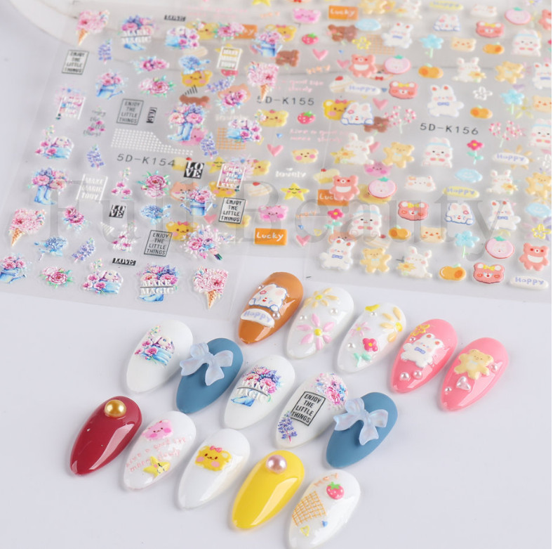 5D Embossed Star Heart Flower Bunny Cat Daisy Fingers Toe Nail Art Stickers NS25