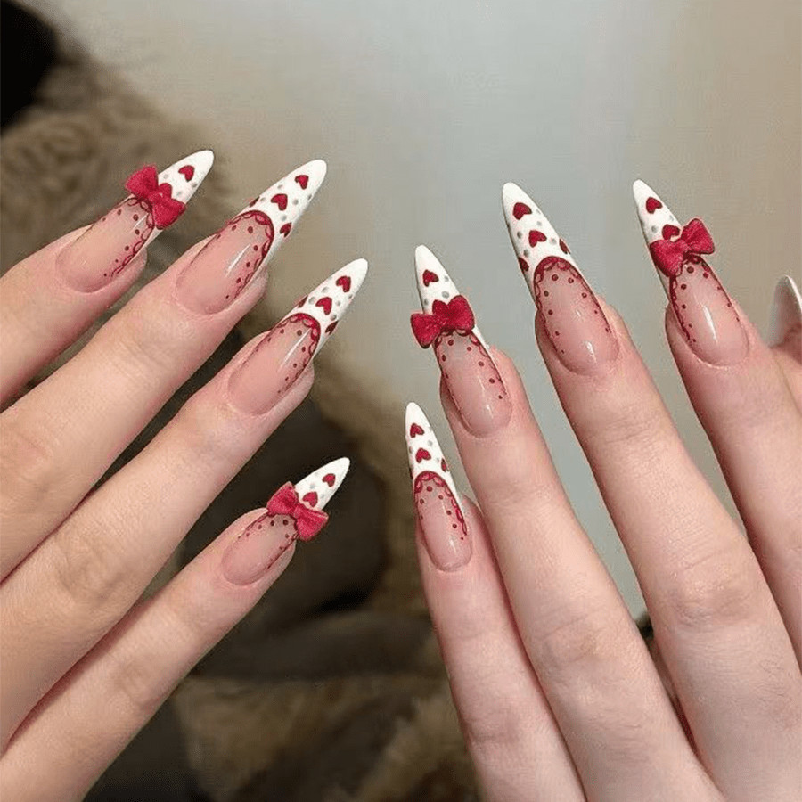 48pcs Stiletto Press on Nails, White Tip Red Heart 3D Bow Valentine Nail Art