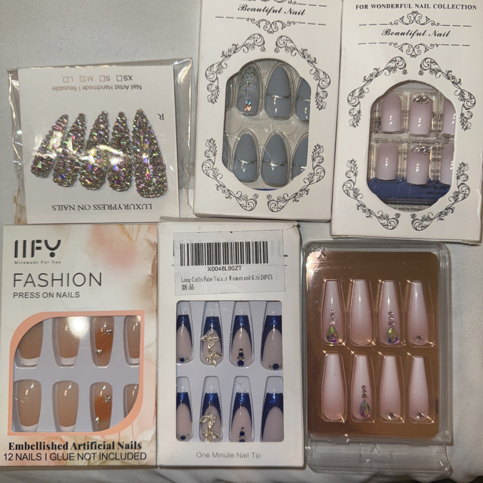 Lot of 6 Glue On Press-on Nails with Gems New In Package Assorted Sizes Shapes