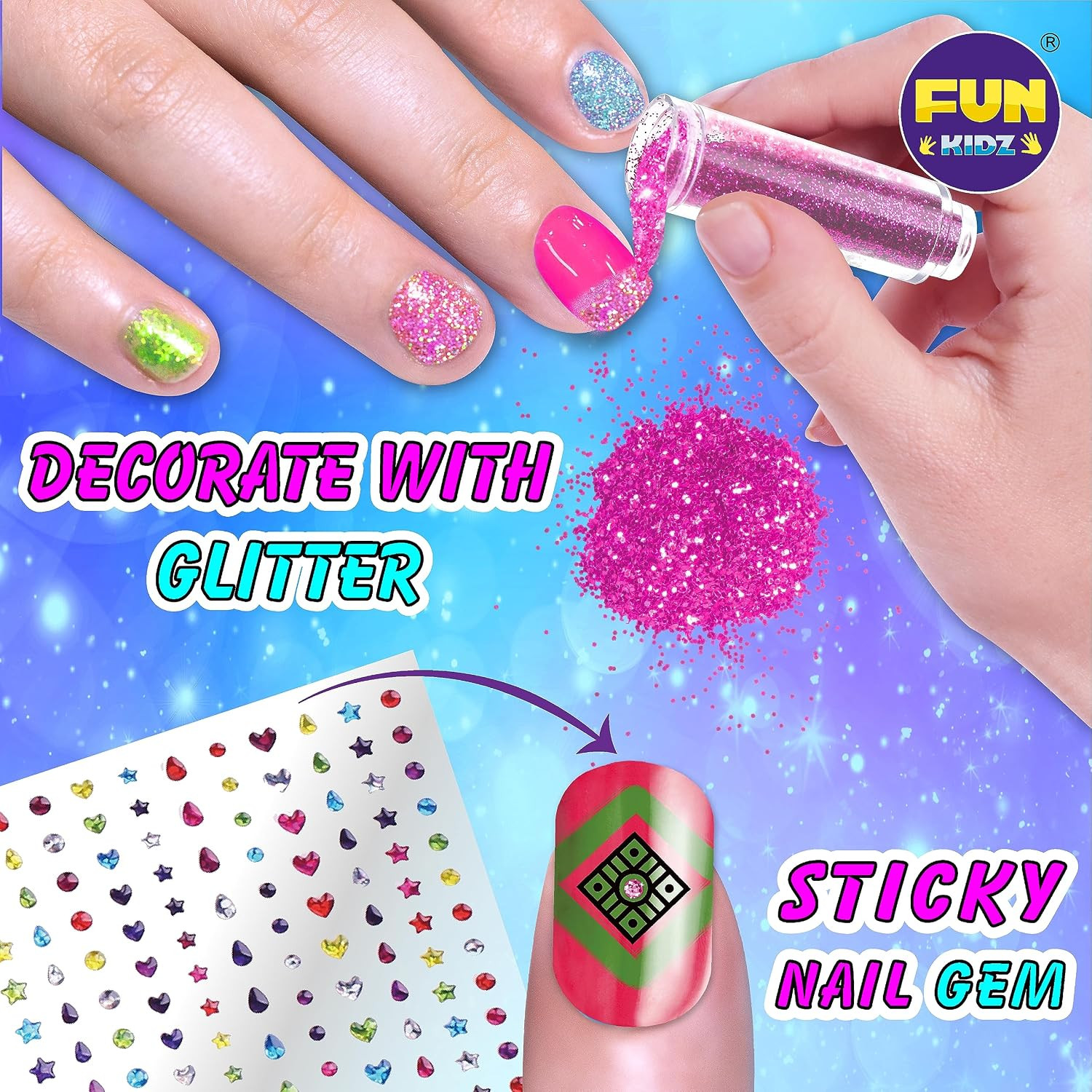 Craft Nail Pens Kit for Kids Ages 7-12, Funkidz Nail Set with Nail Polish Glitte