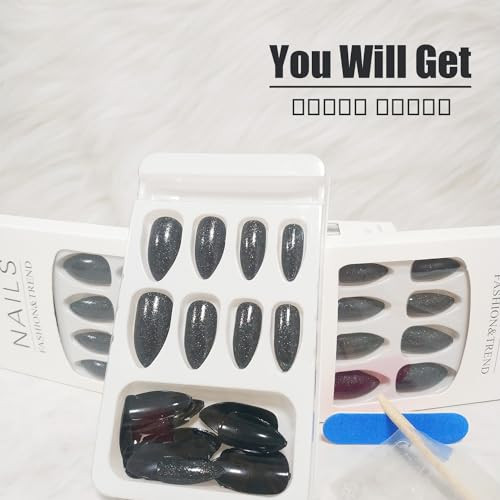 UV Press on Nails Medium Almond Shape, Fake Nails with Sparkly Designs, Glossy