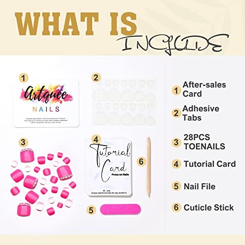 28pcs Hot Pink Short Press on Toenails Glossy Square Fake Toe Nails Art